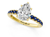 Yellow gold Pear Cut Diamond Pave Band Solitaire Ring with Round with Blue Sapphire side stone and Prong Setting_25
