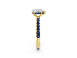 Yellow gold Pear Cut Diamond Pave Band Solitaire Ring with Round with Blue Sapphire side stone and Prong Setting_26