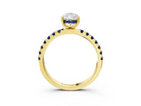 Yellow gold Pear Cut Diamond Pave Band Solitaire Ring with Round with Blue Sapphire side stone and Prong Setting_27