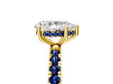 Yellow gold Pear Cut Diamond Pave Band Solitaire Ring with Round with Blue Sapphire side stone and Prong Setting_29