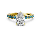 Yellow gold Pear Cut Diamond Pave Band Solitaire Ring with Round with Blue Topaz side stone and Prong Setting_12