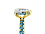 Yellow gold Pear Cut Diamond Pave Band Solitaire Ring with Round with Blue Topaz side stone and Prong Setting_17