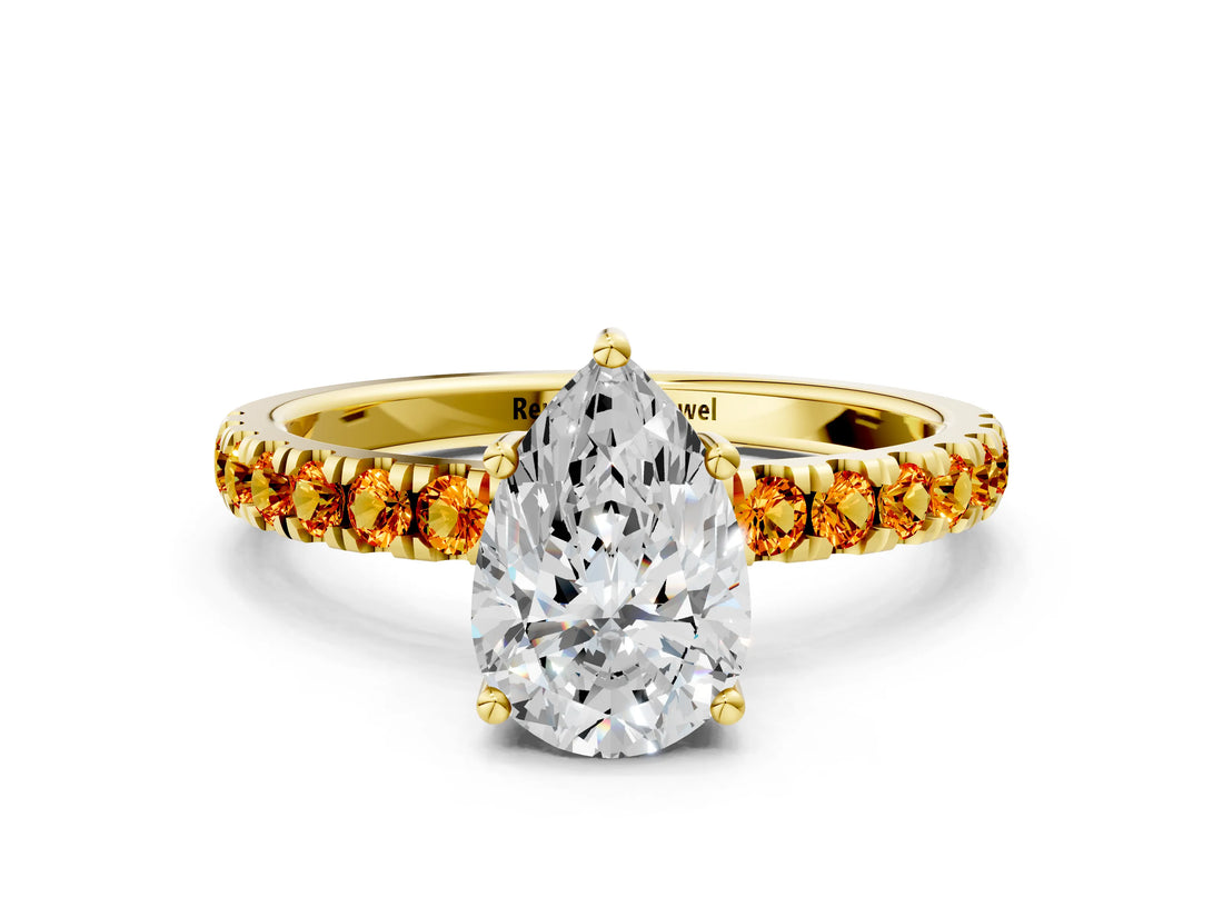 Yellow gold Pear Cut Diamond Pave Band Solitaire Ring with Round with Citrine side stone and Prong Setting