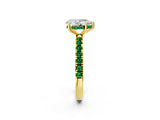 Yellow gold Pear Cut Diamond Pave Band Solitaire Ring with Round with Emerald side stone and Prong Setting_2