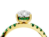 Yellow gold Pear Cut Diamond Pave Band Solitaire Ring with Round with Emerald side stone and Prong Setting_4