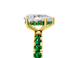 Yellow gold Pear Cut Diamond Pave Band Solitaire Ring with Round with Emerald side stone and Prong Setting_5