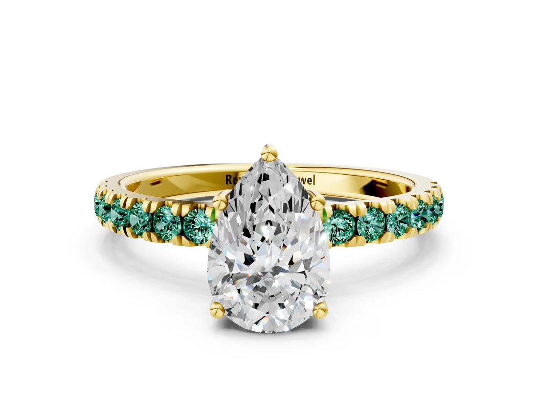 Yellow gold Pear Cut Diamond Pave Band Solitaire Ring with Round with Green Sapphire side stone and Prong Setting_24