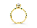 Yellow gold Pear Cut Diamond Pave Band Solitaire Ring with Round with Green Sapphire side stone and Prong Setting_27