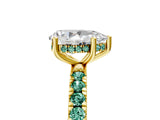 Yellow gold Pear Cut Diamond Pave Band Solitaire Ring with Round with Green Sapphire side stone and Prong Setting_29