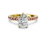 Yellow gold Pear Cut Diamond Pave Band Solitaire Ring with Round with Morganite side stone and Prong Setting_12