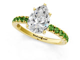Yellow gold Pear Cut Diamond Pave Band Solitaire Ring with Round with Peridot side stone and Prong Setting_1