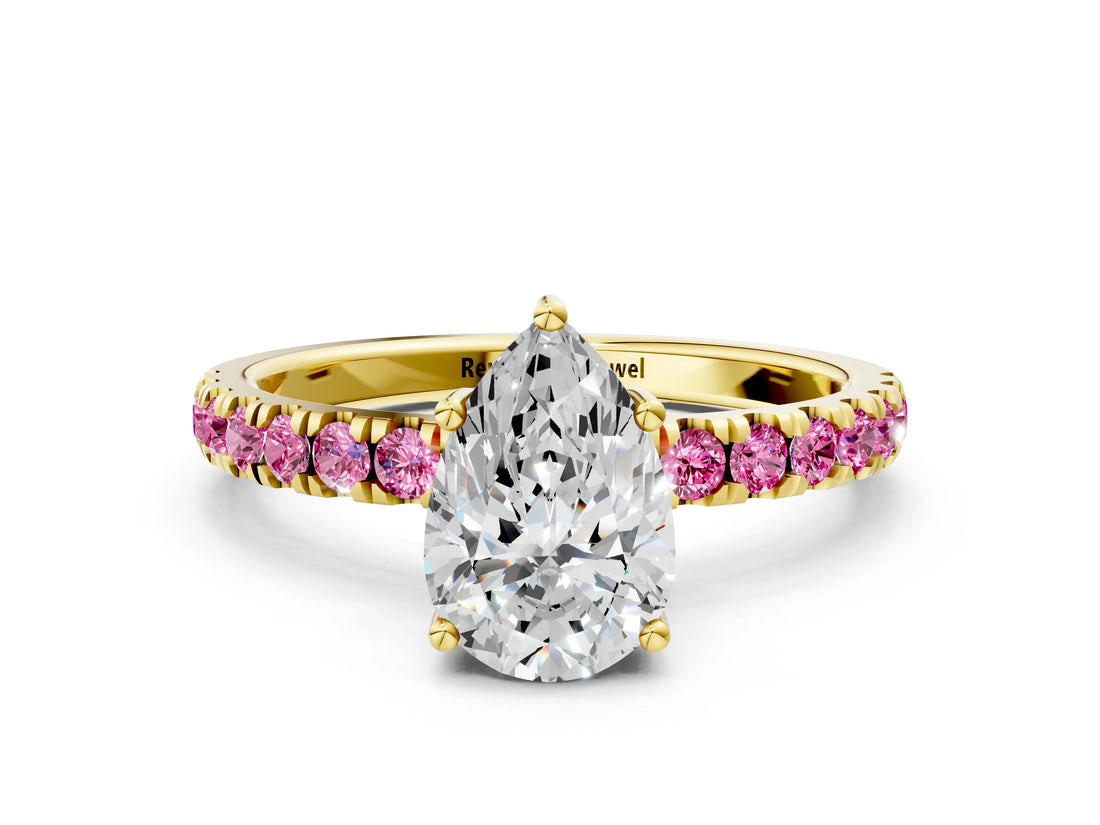 Yellow gold Pear Cut Diamond Pave Band Solitaire Ring with Round with Pink Sapphire side stone and Prong Setting_12