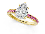Yellow gold Pear Cut Diamond Pave Band Solitaire Ring with Round with Pink Sapphire side stone and Prong Setting_13