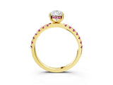 Yellow gold Pear Cut Diamond Pave Band Solitaire Ring with Round with Pink Sapphire side stone and Prong Setting_15