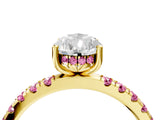 Yellow gold Pear Cut Diamond Pave Band Solitaire Ring with Round with Pink Sapphire side stone and Prong Setting_16