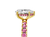 Yellow gold Pear Cut Diamond Pave Band Solitaire Ring with Round with Pink Sapphire side stone and Prong Setting_17