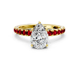 Yellow gold Pear Cut Diamond Pave Band Solitaire Ring with Round with Ruby side stone and Prong Setting_12