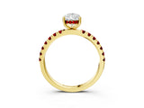 Yellow gold Pear Cut Diamond Pave Band Solitaire Ring with Round with Ruby side stone and Prong Setting_15