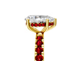 Yellow gold Pear Cut Diamond Pave Band Solitaire Ring with Round with Ruby side stone and Prong Setting_17