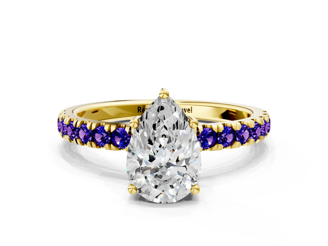 Yellow gold Pear Cut Diamond Pave Band Solitaire Ring with Round with Tanzanite side stone and Prong Setting