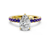 Yellow gold Pear Cut Diamond Pave Band Solitaire Ring with Round with Tanzanite side stone and Prong Setting
