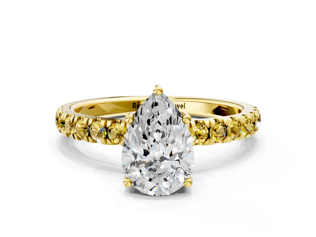 Yellow gold Pear Cut Diamond Pave Band Solitaire Ring with Round with Yellow Sapphire side stone and Prong Setting_22