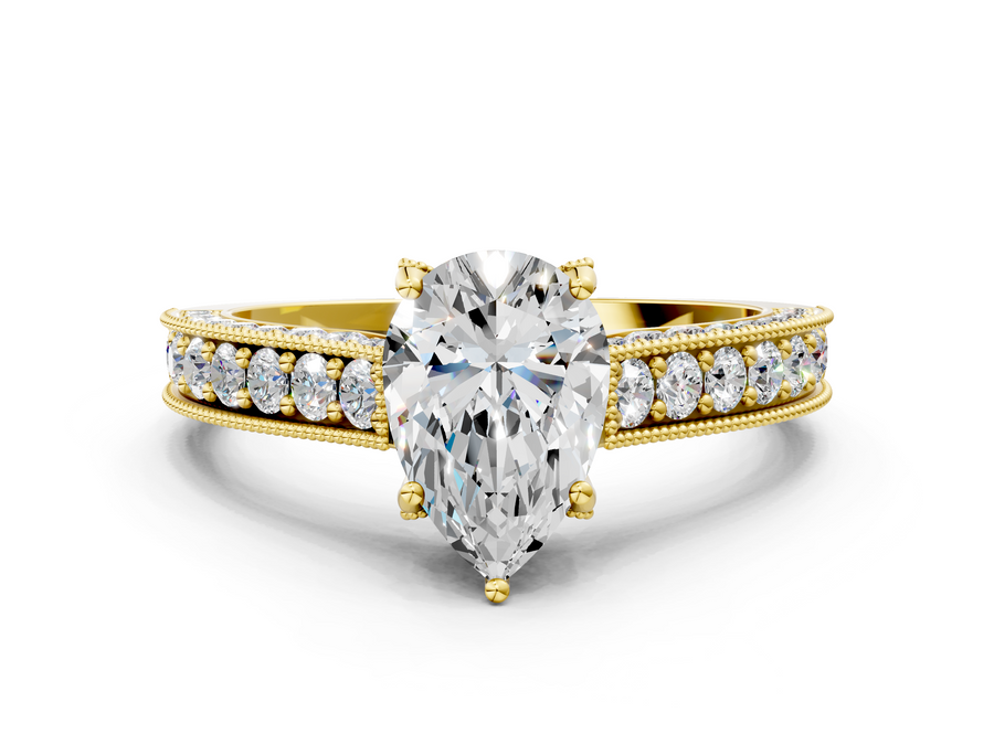 Yellow gold Pear Cut Diamond Solitaire Ring with Milgrain Pave Band and Four Prong Setting