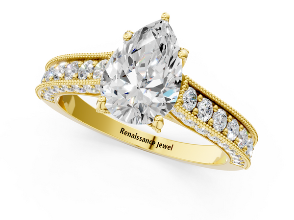 Yellow gold Pear Cut Diamond Solitaire Ring with Milgrain Pave Band and Four Prong Setting