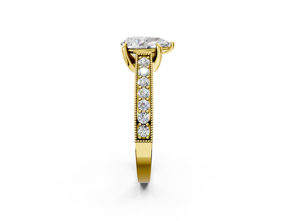 Yellow gold Pear Cut Diamond Solitaire Ring with Milgrain Pave Band and Four Prong Setting