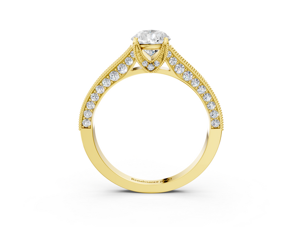 Yellow gold Pear Cut Diamond Solitaire Ring with Milgrain Pave Band and Four Prong Setting