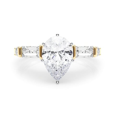 Yellow gold Pear Cut Diamond Ring with Baguette Side Stones, Channel Set Band, and Four-Prong Setting 1