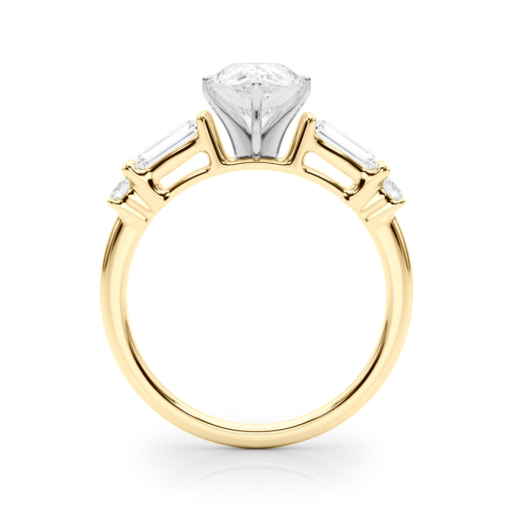 Yellow gold Pear Cut Diamond Ring with Baguette Side Stones, Channel Set Band, and Four-Prong Setting 2