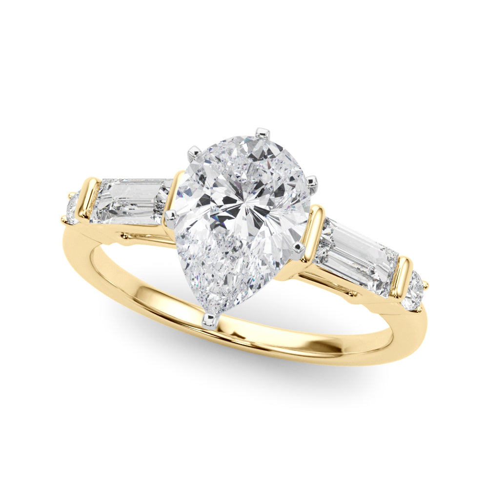 Yellow gold Pear Cut Diamond Ring with Baguette Side Stones, Channel Set Band, and Four-Prong Setting