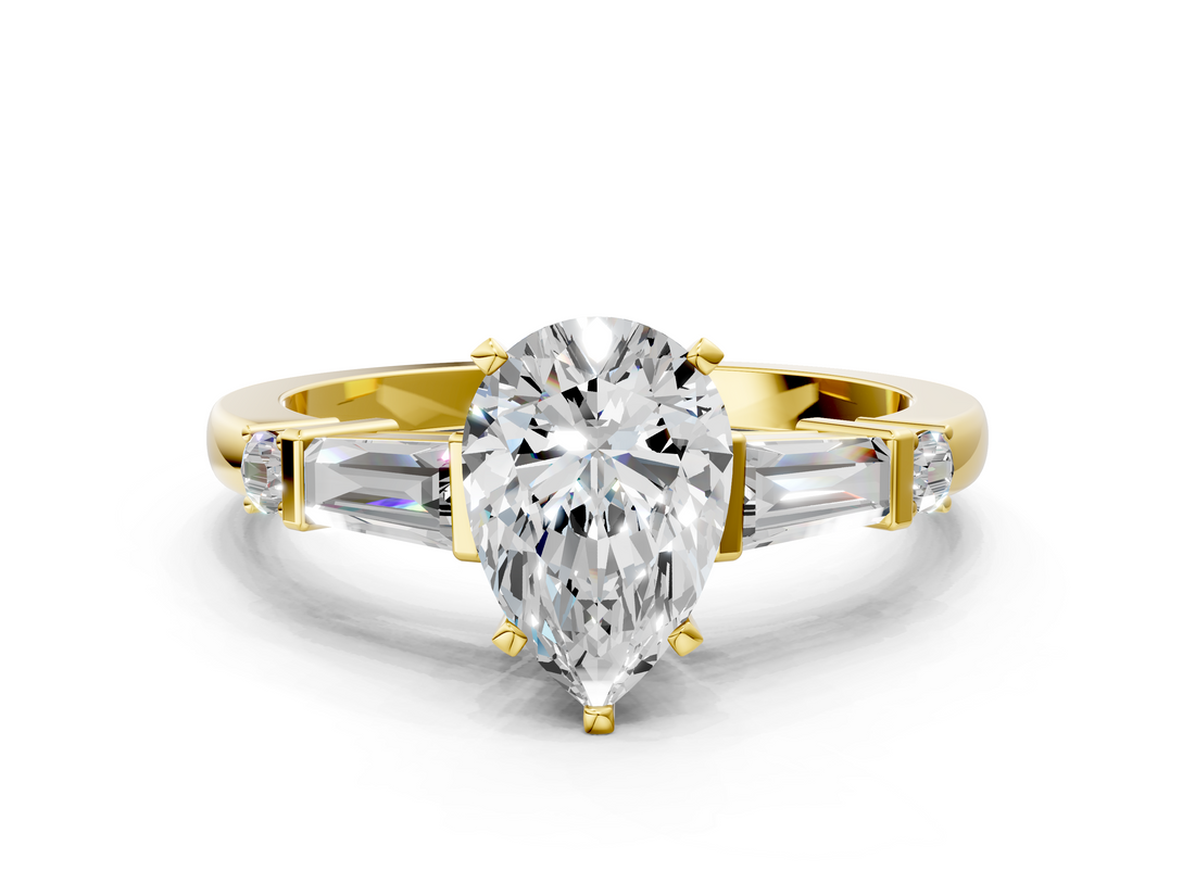Yellow gold Pear Cut Diamond Ring with Baguette Side Stones, Channel Set Band, and Four-Prong Setting_25