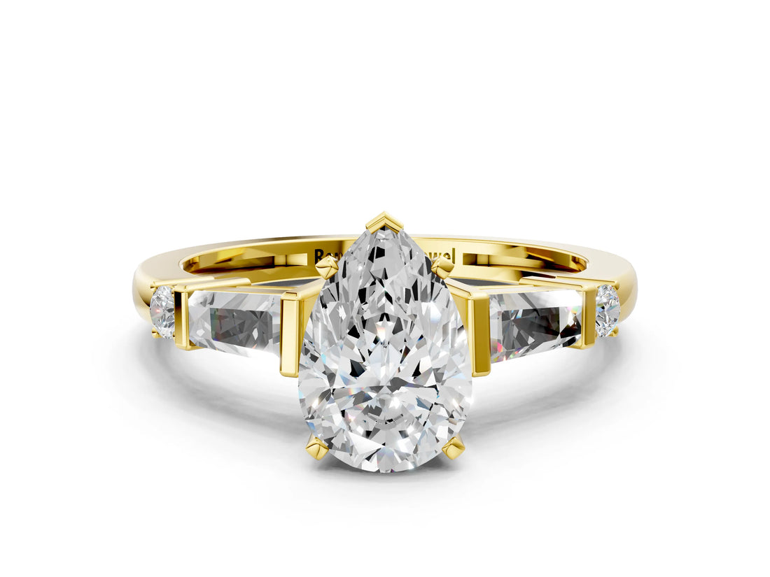 Yellow gold Pear Cut Diamond Ring with Baguette Side Stones, Channel Set Band, and Four-Prong Setting_25