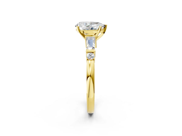 Yellow Gold Pear-Shaped Three Stone Engagement Ring Setting with Bar Set Tapered Baguettes