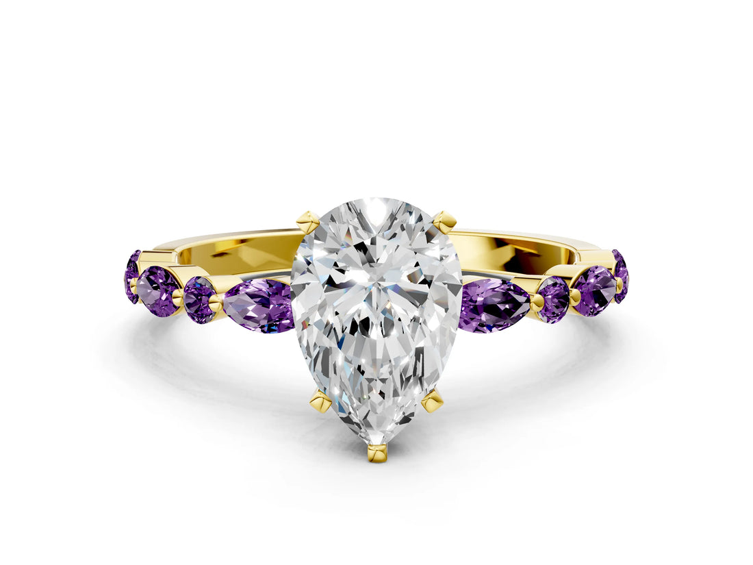 Yellow gold Pear Cut Diamond Ring with Marquise and Round with Amethyst side stone Side Stones and Four-Prong Setting_24