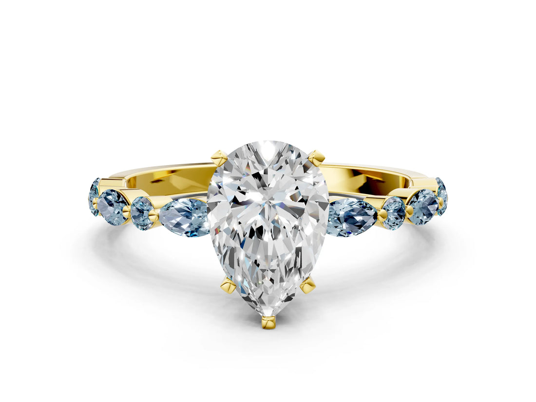Yellow gold Pear Cut Diamond Ring with Marquise and Round with Aquamarine side stone Side Stones and Four-Prong Setting_12