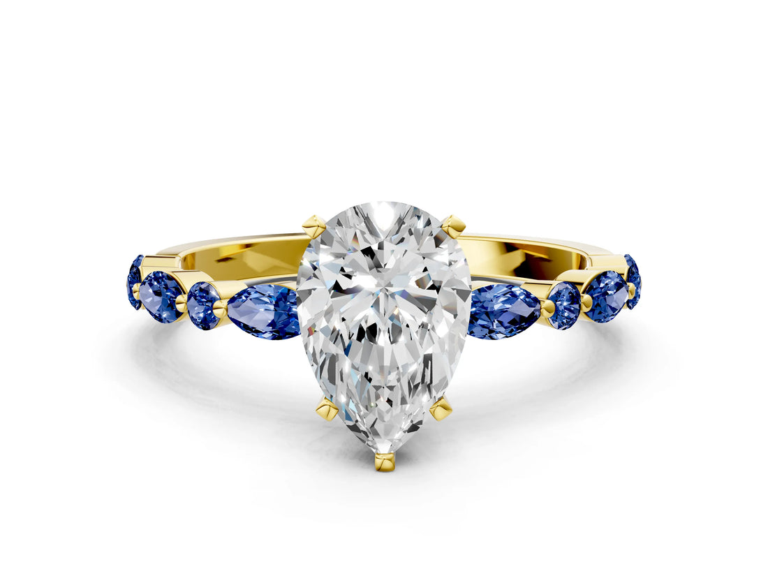 Yellow gold Pear Cut Diamond Ring with Marquise and Round with Blue Sapphire side stone Side Stones and Four-Prong Setting_48