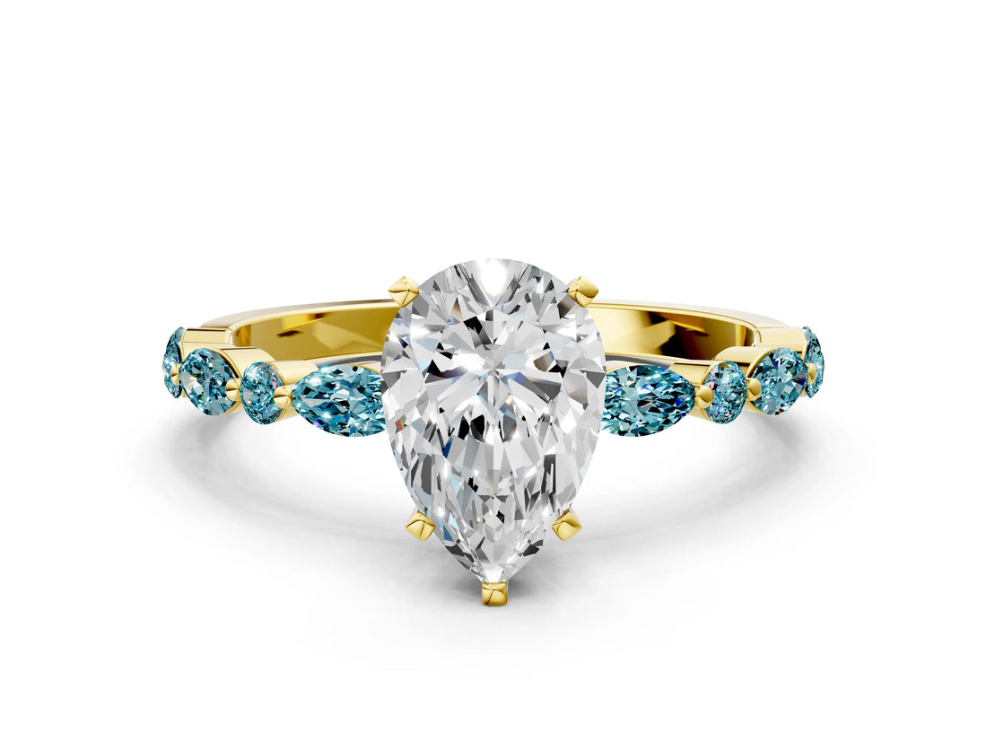 Yellow gold Pear Cut Diamond Ring with Marquise and Round with Blue Topaz side stone Side Stones and Four-Prong Setting_24