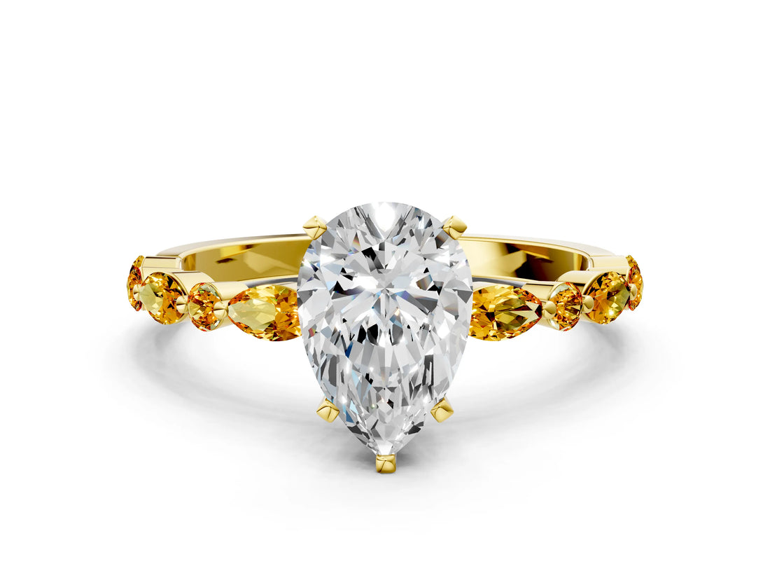 Yellow gold Pear Cut Diamond Ring with Marquise and Round with Citrine side stone Side Stones and Four-Prong Setting_12