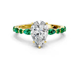 Yellow gold Pear Cut Diamond Ring with Marquise and Round with Emerald side stone Side Stones and Four-Prong Setting_48