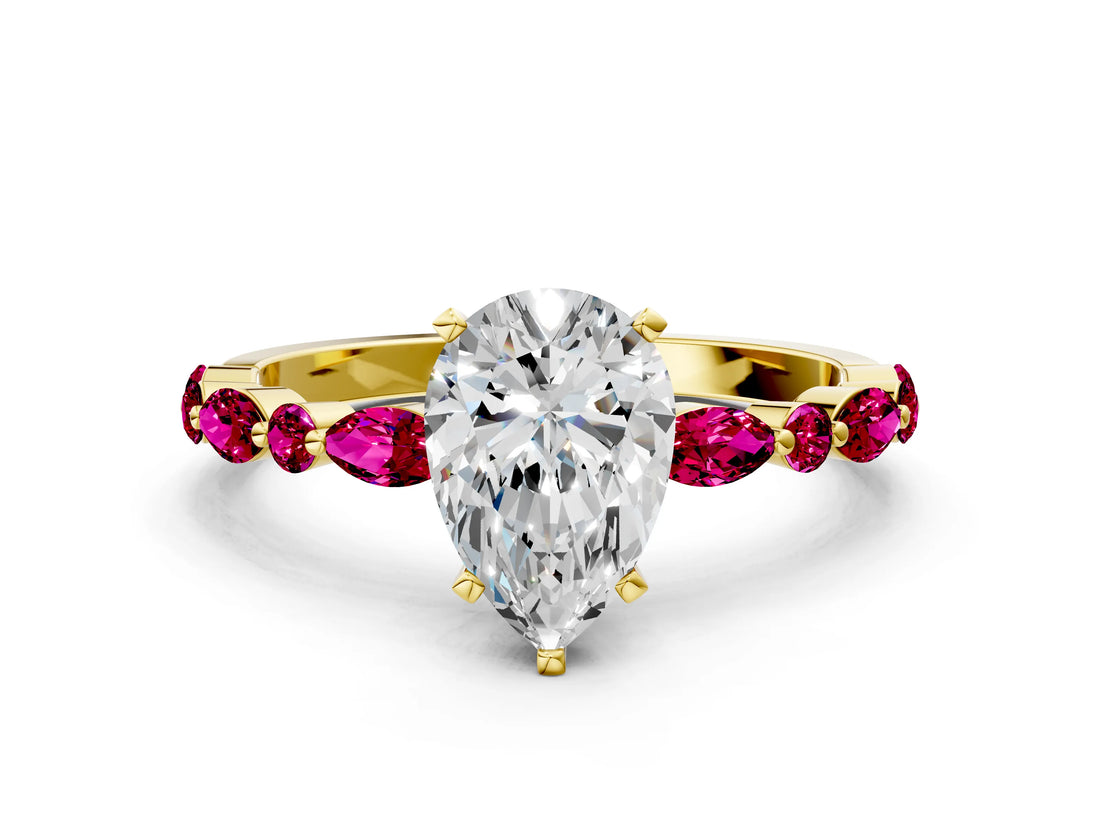 Yellow gold Pear Cut Diamond Ring with Marquise and Round with Garnet side stone Side Stones and Four-Prong Setting_24