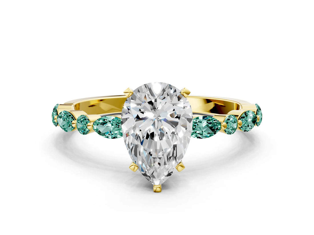 Yellow gold Pear Cut Diamond Ring with Marquise and Round with Green Sapphire side stone Side Stones and Four-Prong Setting_12