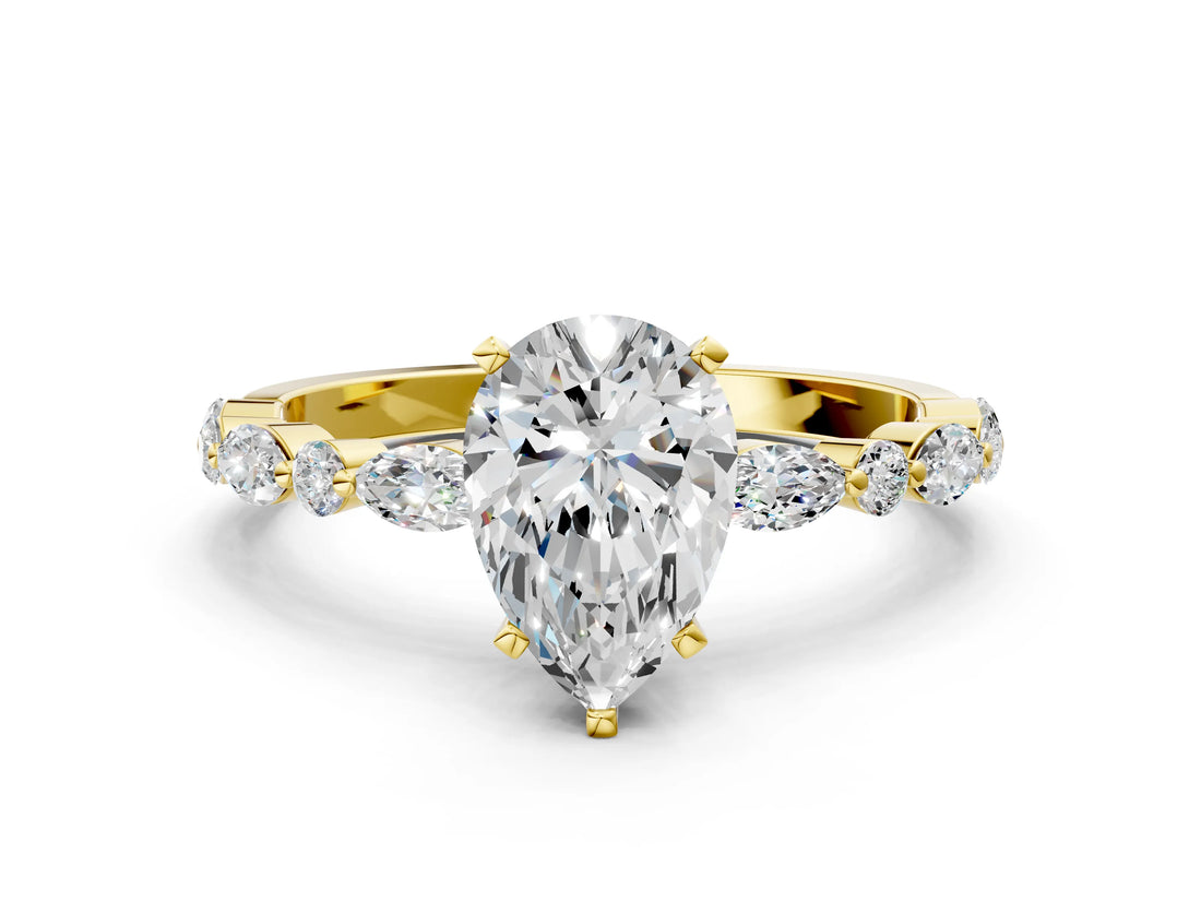 Yellow gold Pear Cut Diamond Ring with Marquise and Round with Moissanite side stone Side Stones and Four-Prong Setting_48