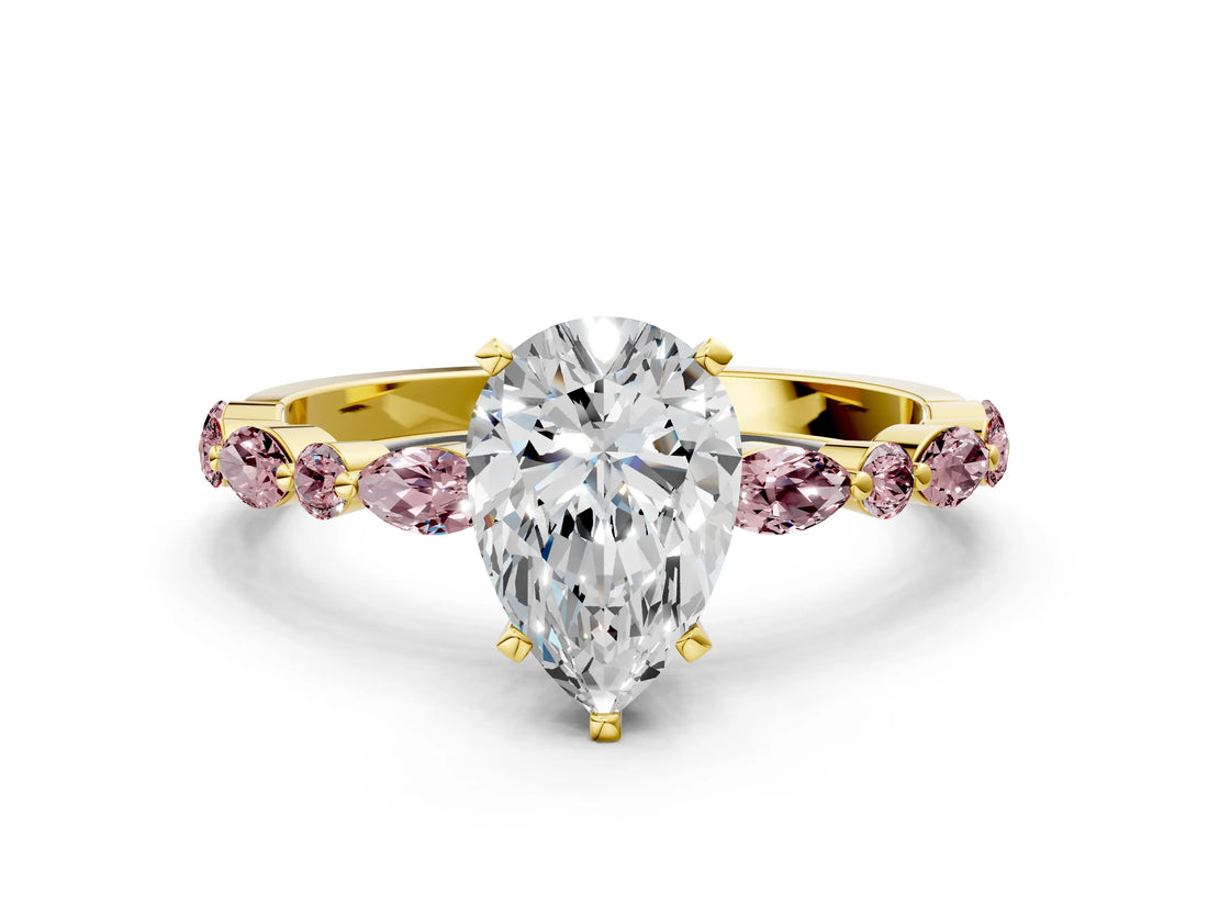 Yellow gold Pear Cut Diamond Ring with Marquise and Round with Morganite side stone Side Stones and Four-Prong Setting_24