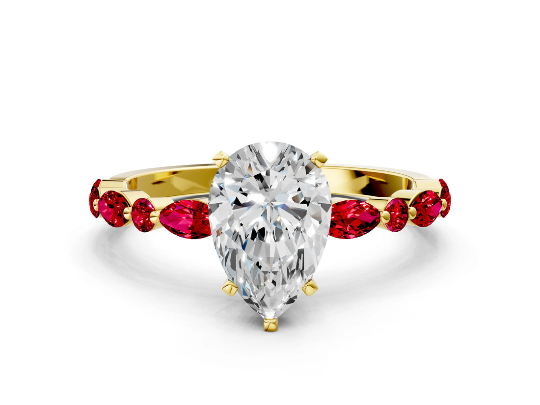 Yellow gold Pear Cut Diamond Ring with Marquise and Round with Ruby side stone Side Stones and Four-Prong Setting_48
