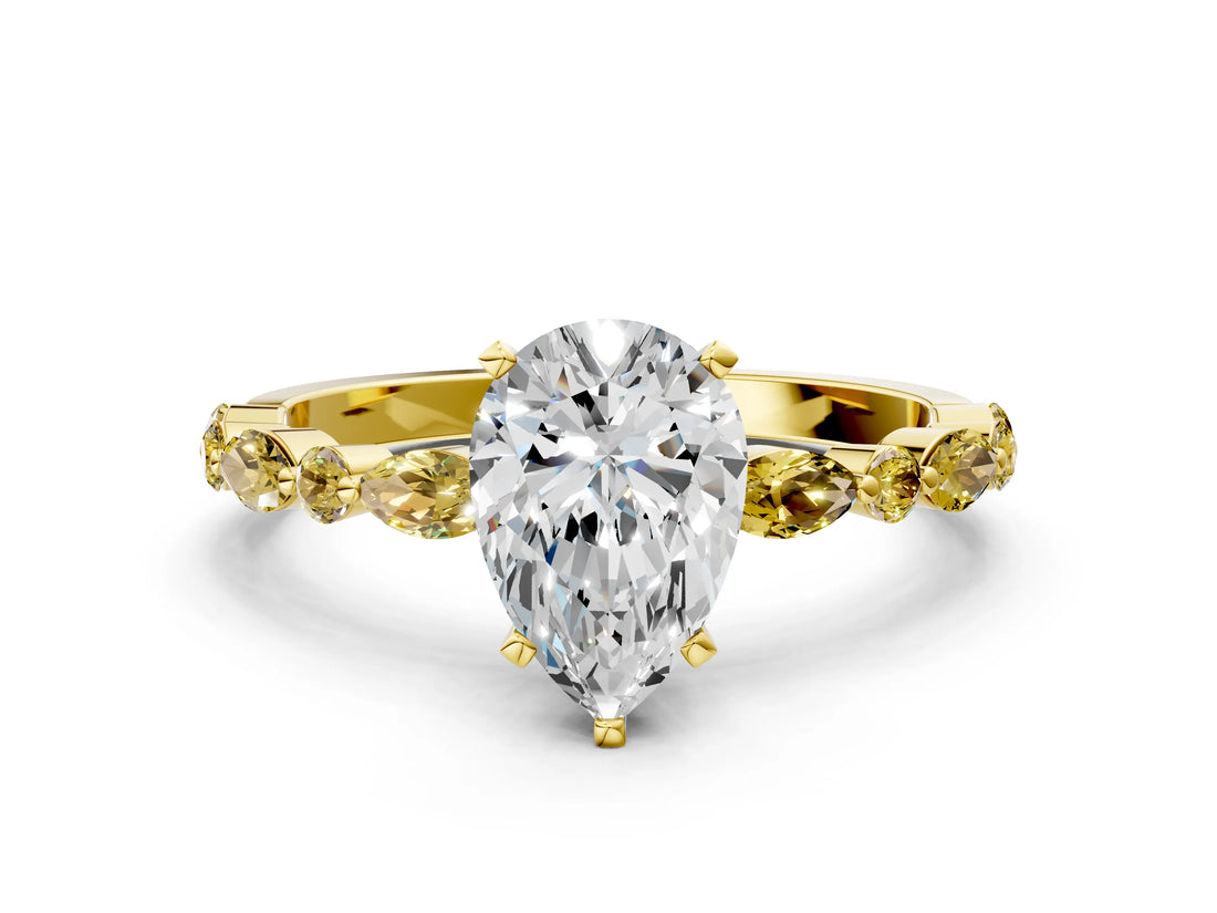 Yellow gold Pear Cut Diamond Ring with Marquise and Round with Yellow Sapphire side stone Side Stones and Four-Prong Setting_24