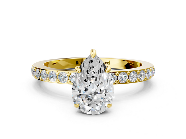 Yellow Gold Pear-Shaped Hidden Halo Pave Engagement Ring Setting with Slim Accent Band