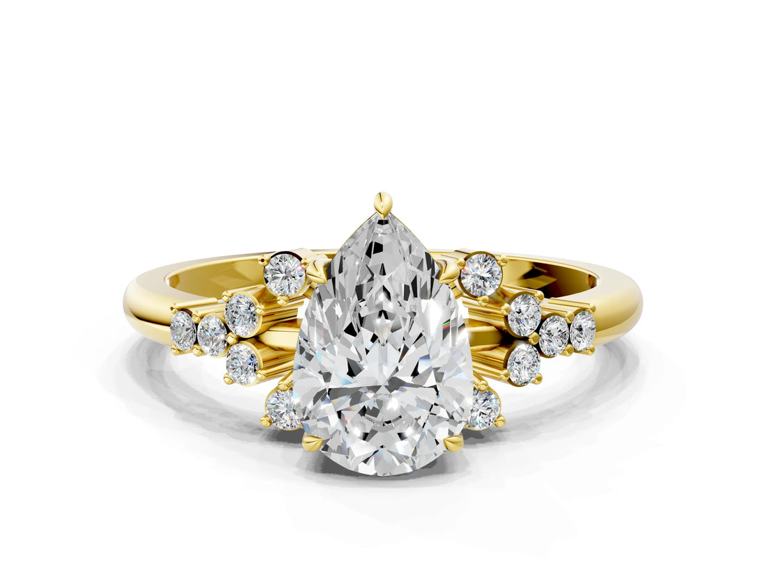 Yellow gold Pear Cut Diamond Ring with Side Stones and Four-Prong Setting_107